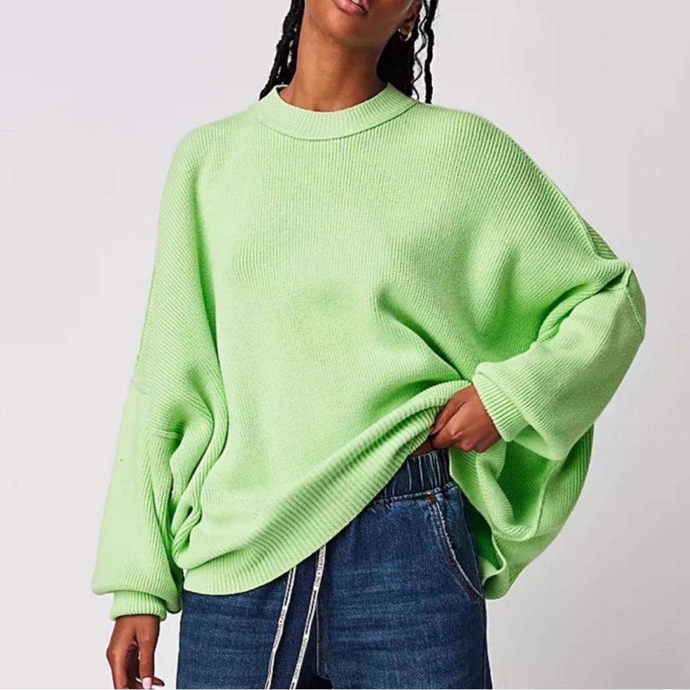Free People Oversized Crewneck Sweater in Lime Green